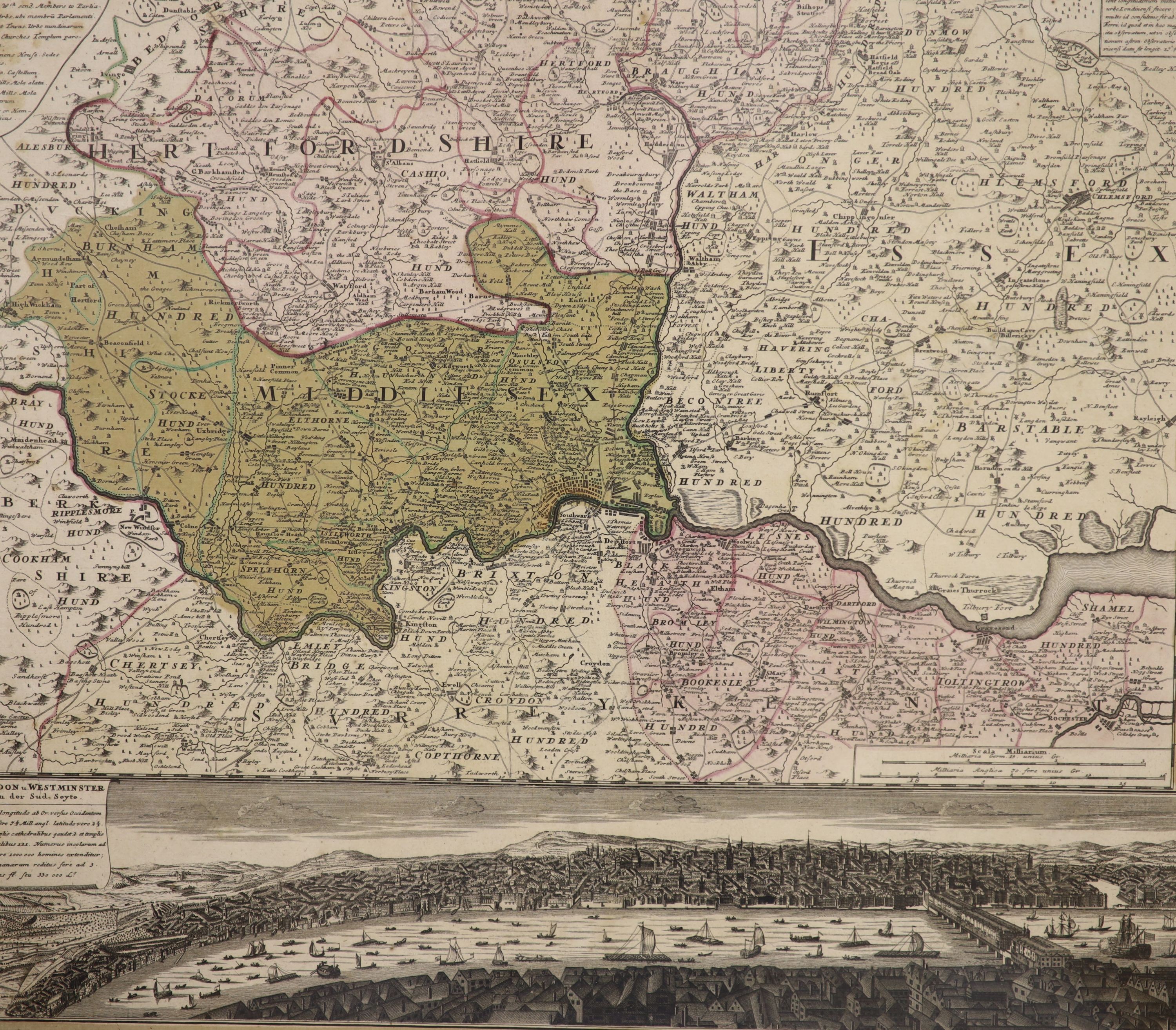 An 18th century German hand coloured engraved map of Hants, Middx,Essex and London incorporating a View of the Thames, overall 58 x 65cm